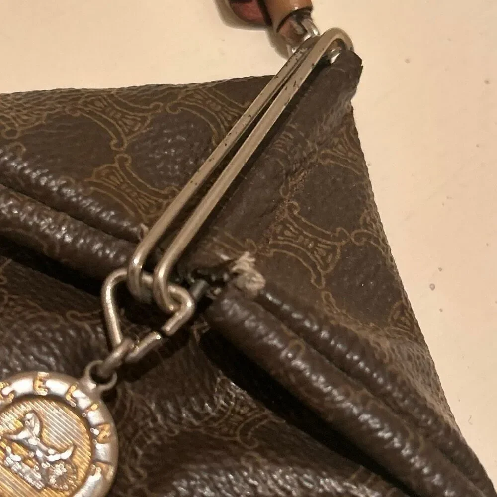 Celine Macadam Coin Case Pouch Brown Logo Print Leather Luxury Charm Tassle